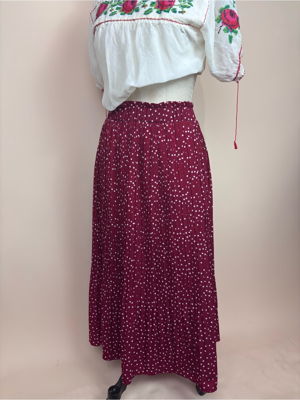 Red Pleated Polka Dot Maxi Skirt Small Mediun